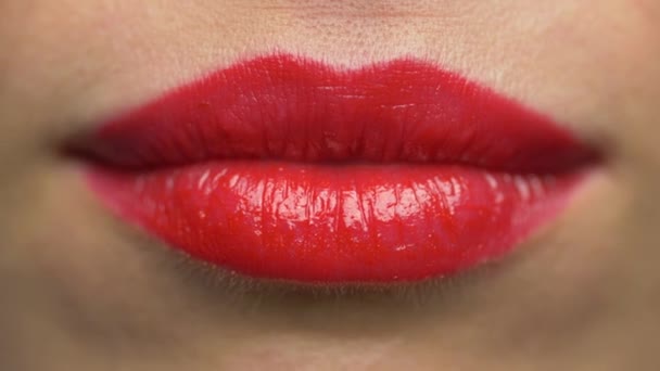 Labios de mujer con lápiz labial rojo haciendo beso — Vídeos de Stock