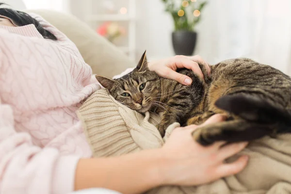 Close up of owner with tabby cat in bed at home — Stock Photo, Image