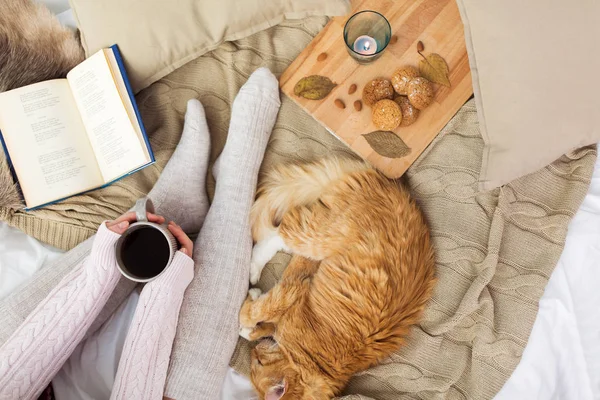 Donna con caffè e gatto rosso dormire a letto — Foto Stock