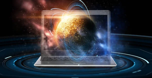 Laptop z wirtualnym hologramem planety i miejsca — Zdjęcie stockowe