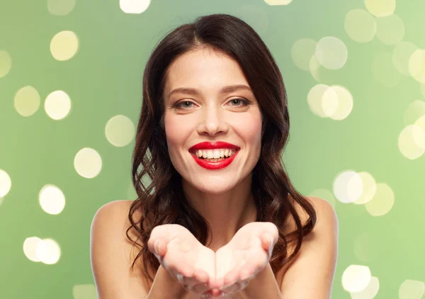 Beautiful smiling young woman with red lipstick — Stock Photo, Image