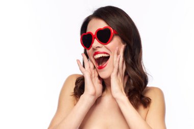 woman with red lipstick and heart shaped shades clipart