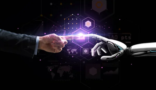 Robot en menselijke hand over virtuele projectie — Stockfoto
