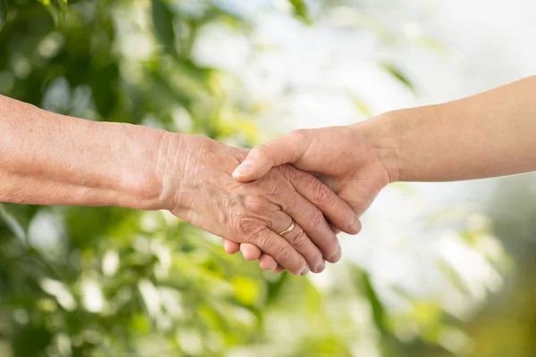Close up of senior and young woman holding hands — Stock Photo, Image