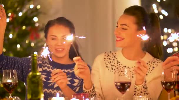 Happy friends having christmas dinner at home — Stock Video