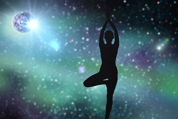 Silhouette of woman making yoga over space — Stock Photo, Image