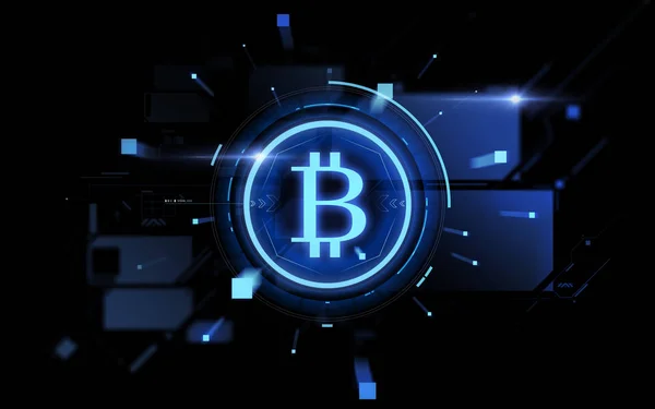 Projeção bitcoin azul sobre fundo preto — Fotografia de Stock