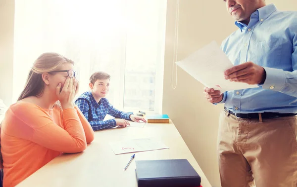 Group of students and teacher with test results — Stock Photo, Image