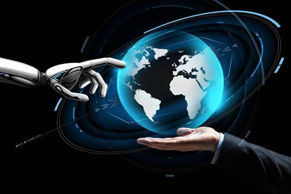 Mão humana e robô com holograma de terra virtual — Fotografia de Stock