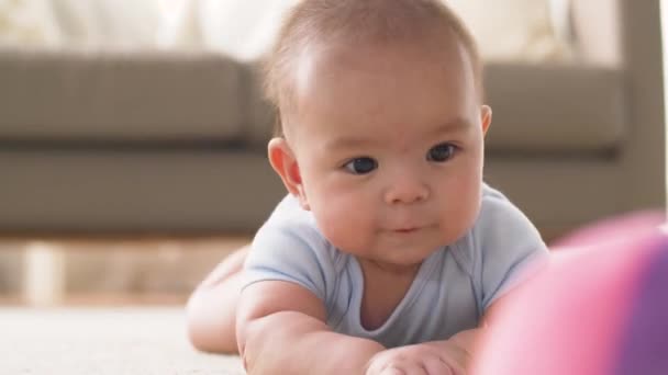 Söt liten asiatisk pojke leker med leksak — Stockvideo