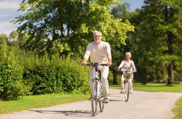 Felice coppia di anziani a cavallo biciclette al parco estivo — Foto Stock