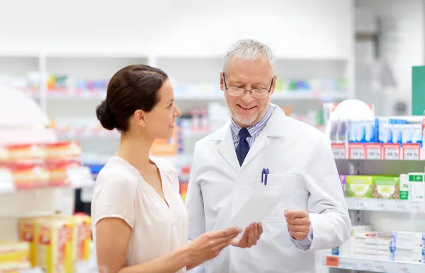 Apotheker en vrouw met recept bij apotheek — Stockfoto