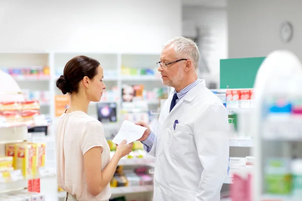 Žena a lékárník s předpisem v lékárně — Stock fotografie