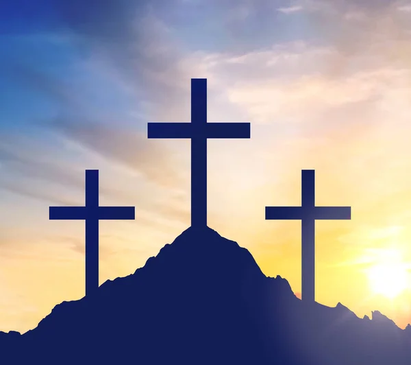 Silhouettes of three crosses on calvary hill — Stock Photo, Image