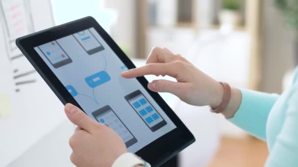 Tablet pc arayüz tasarımı üzerinde çalışan kadın — Stok video