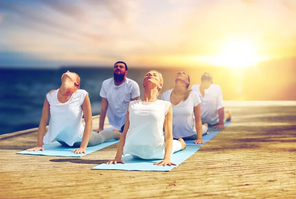 Group of people doing cobra pose outdoors — Stock Photo, Image