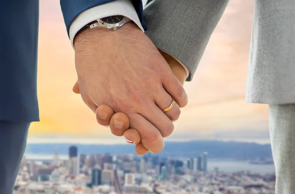Close up of male gay couple over san francisco — Stock Photo, Image
