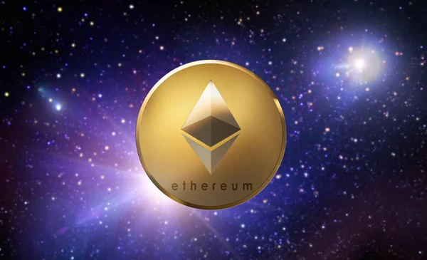 Golden ethereum coin over space — Stock Photo, Image