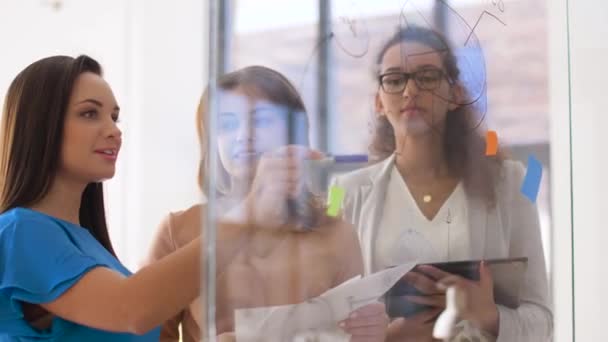 Mujeres de negocios con gráfico circular en tablero de vidrio de oficina — Vídeos de Stock
