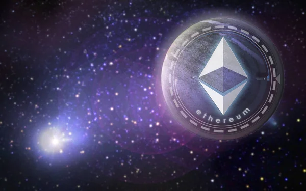 Ethereum symbol hologram over planet in space — Stock Photo, Image