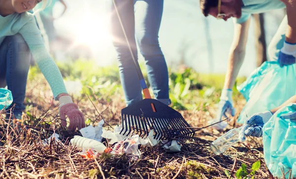 Volontari con sacchi della spazzatura pulizia area del parco — Foto Stock