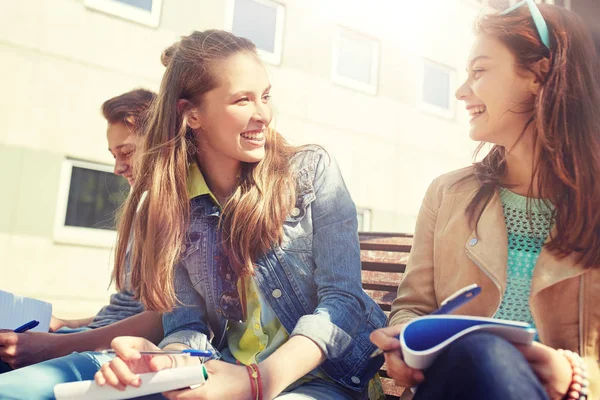 Skupina studentů s notebookem na školním dvoře — Stock fotografie