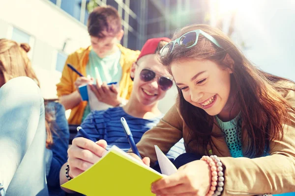 Skupina studentů s notebookem na školním dvoře — Stock fotografie