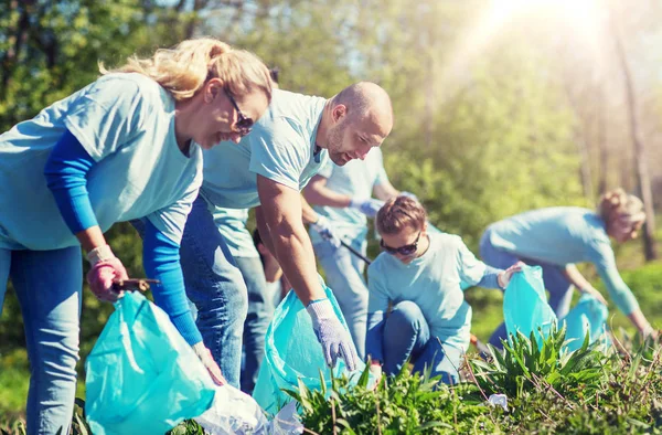 Relawan dengan kantong sampah membersihkan area taman — Stok Foto