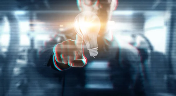 仮想の電球を持ったビジネスマンのクローズ アップ — ストック写真