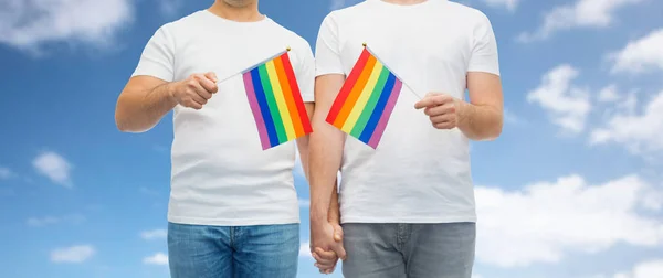 Pareja masculina con banderas de orgullo gay cogidas de la mano — Foto de Stock