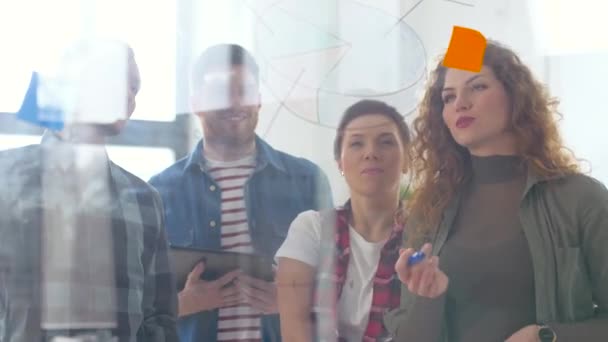 Creatieve team met grafieken op office glazen bord — Stockvideo