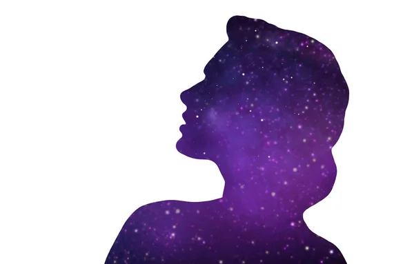 Silhouette della donna su sfondo spazio viola — Foto Stock