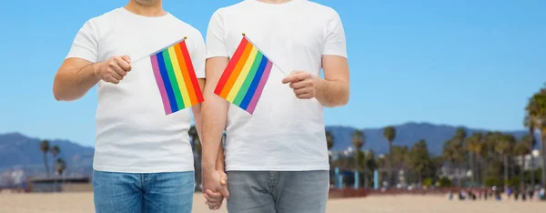 Manliga par med gay pride flaggor håller händerna — Stockfoto