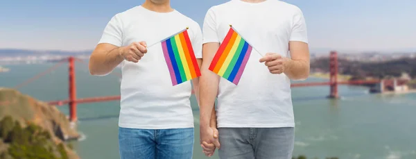 Macho pareja con gay orgullo arco iris banderas —  Fotos de Stock