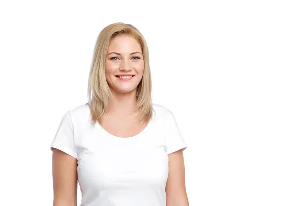 Mujer feliz en camiseta blanca — Foto de Stock