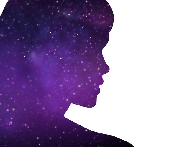 紫色空间背景的妇女剪影 — 图库照片
