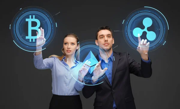 Business team with cryptocurrency holograms — Stock Photo, Image