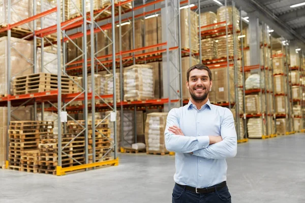 Happy businessman at warehouse — Stock Photo, Image