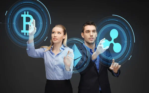 Businesspeople with cryptocurrency holograms — Stock Photo, Image