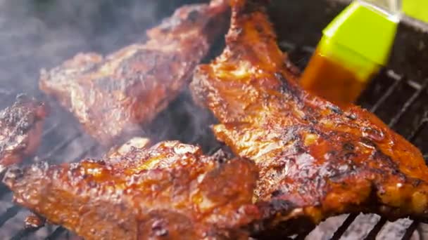 Barbecue rôtissage de viande sur brasero grill en plein air — Video