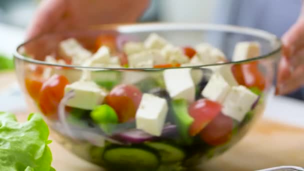 Hands turning bowl of vegetable salad with feta — Stock Video