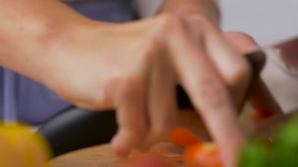 Woman chopping tomato with kitchen knife at home — Stock Video