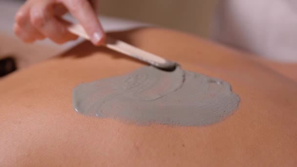 Mujer y cosmetólogo aplicando mascarilla de arcilla en spa — Vídeos de Stock