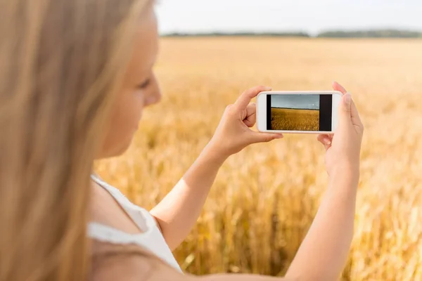 Девушка фотографирует на смартфоне на зерновом поле — стоковое фото