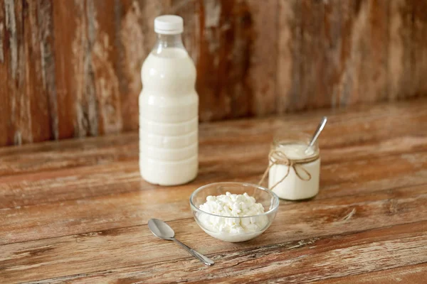 Süt, süzme peynir ve ev yapımı yoğurt. — Stok fotoğraf