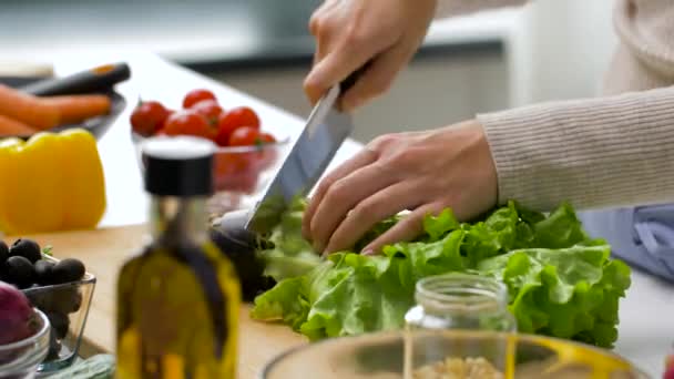 Kadın ev mutfağında salata kasesine marul ekliyor. — Stok video
