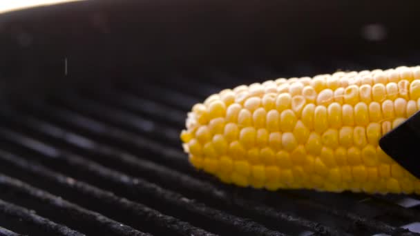 Corn roasting on brazier grill outdoors — Stock Video