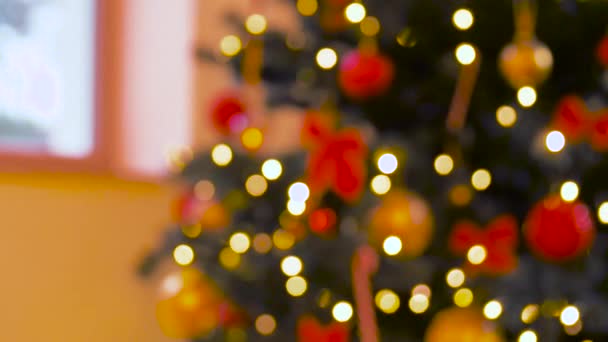 Borroso árbol de navidad decorado en casa — Vídeo de stock