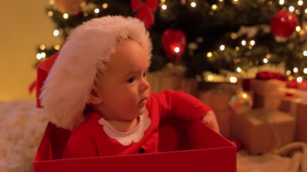 Niña sentada en caja de regalo sobre el árbol de Navidad — Vídeo de stock