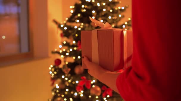 Mujer poniendo caja de regalo bajo el árbol de Navidad — Vídeos de Stock